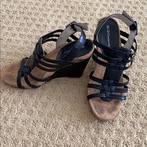 BCBG black and cork wedges